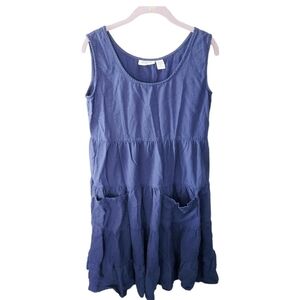 Vintage Linen Navy Blue Tiered Babydoll Pinafore Cottagecore Dress M/L Pockets